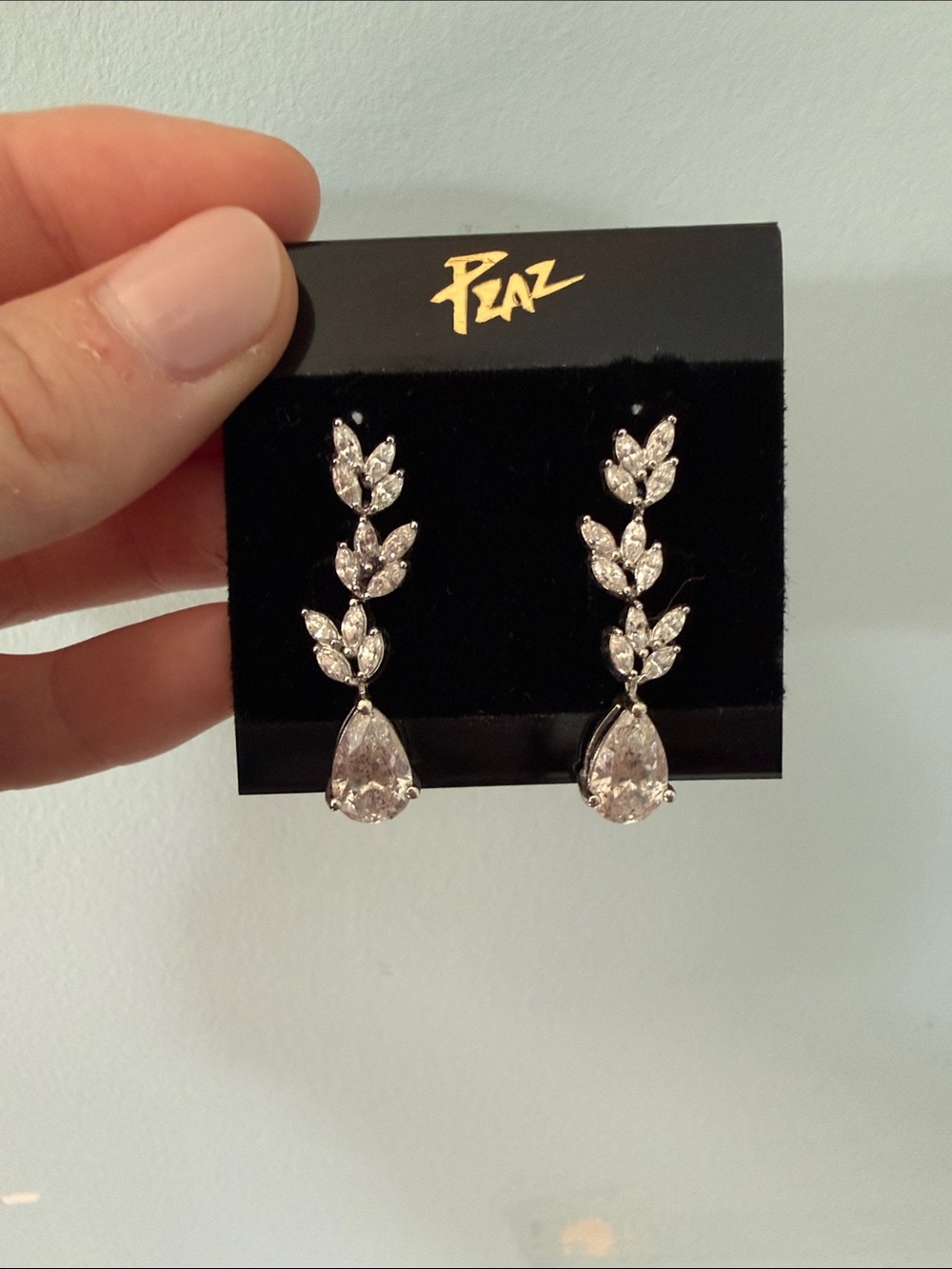 Silver Crystal Teardrop Leaf Drop Earrings - Clear